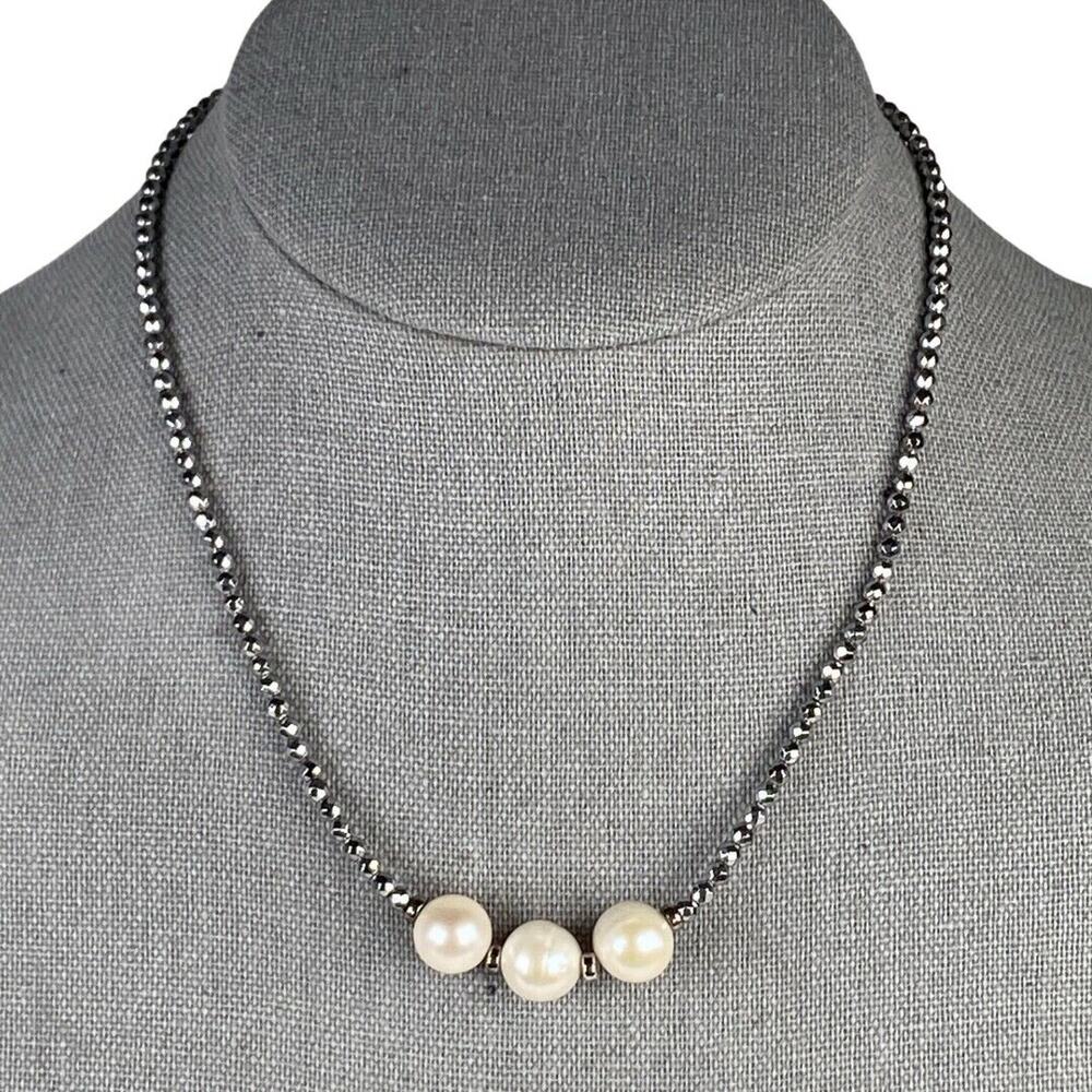 Lucas Lameth Choker Necklace Pearl with Sparkly Silver Faceted Beads